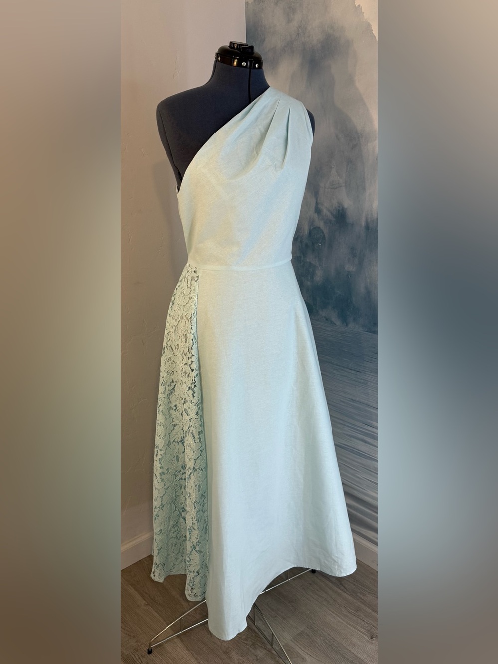 Chillinen/ Linen Vibes Elegant Light Blue Lace Accent A-Line Dress #263